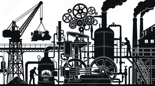Industrial Revolution Factory  Machinery Vector Silhouette Art