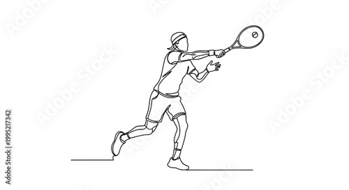 Tennis Player Silhouette, One Line Drawing, Dynamic Action Pose, Athlete Swinging Racket