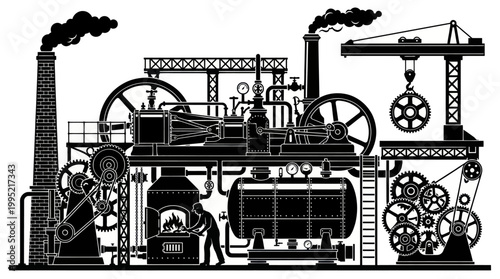 Vintage Industrial Factory Scene, Steam Engine, Gears, Crane - BW