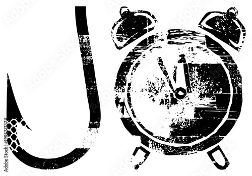 Vintage styled fishing hook and retro alarm clock graphic, weathered silhouette symbols, worn print design, cutout illustrations.