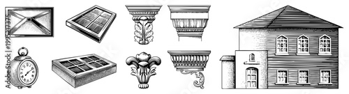 Classic column capitals, ornamental brackets, window frames, pocket watch, and building facade rendered in precise engraving style. Also known as architectural detailing or drafting motifs.