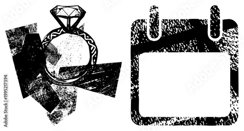 Retro engagement ring with ornate band and gemstone paired with minimalist calendar symbol wedding planner, nuptial scheduler, romantic date reminder, halftone vector art.