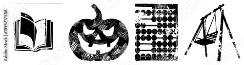 Distressed graphic symbols including open tome, carved pumpkin face, counting frame, playground seat also called ink stamped glyphs or screen printed.
