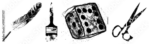 Antique writing instrument, brush tool, gaming die, cutting shears retro illustration set for design,, or print.