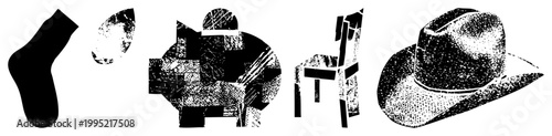 vector cutouts of everyday items sock, cowboy hat, chair alongside abstract forms, rendered as halftone or glyph style illustrations for graphic design or.