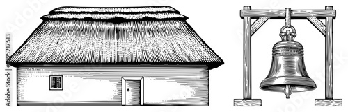 Rustic thatched roof dwelling paired with hanging church bell, rural homestead illustration, countryside, engraved woodcut aesthetic.