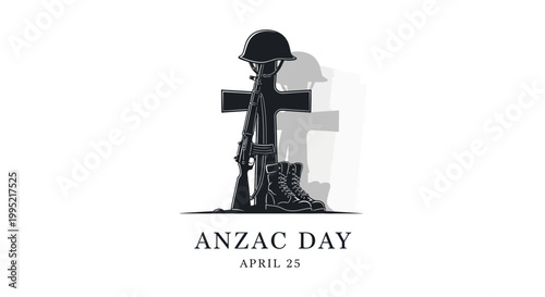 Silhouette illustration commemorating ANZAC Day with a rifle topped by a helmet, boots, and a cross forming a war memorial, set against a clean white backdrop to honor military sacrifice