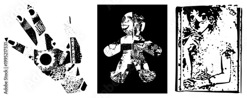 Stylized human form graphics using fragmented halftone textures, geometric cutouts, and contrast for avant garde visual design.