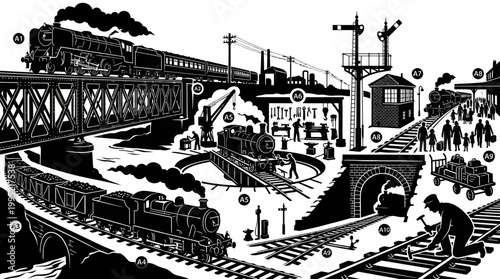 Vintage Railroad Operations Black  White Line Art Illustration of Trains  Stations