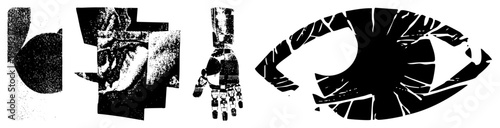 Surreal halftone montage featuring disjointed eye, hand, and facial elements experimental graphic design, deconstructed anatomy, art.