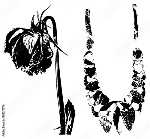 Drooping silhouette rendered in halftone, decaying bloom with fragmented petals, wilted blossom vector illustration, isolated botanical graphic.