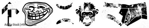 Rugged digital illustrations including troll meme face, primate head, fragmented arrows ideal for edgy designs, street art, or punk branding also called distressed or glitch graphics.