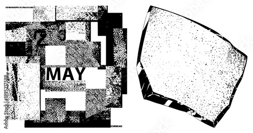 Grunge calendar snippet showing “MAY” in distressed halftone, abstract polygonal form with stippled surface, vintage print aesthetic, retro graphic element.