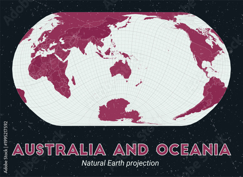 Australia and Oceania. World map. Natural Earth projection centered to Australia and Oceania. Pale Mint Dark Pink palette. Vintage texture. Appealing vector illustration.