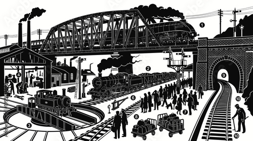 Black and White Line Art of a Busy Vintage Railway Station with Trains