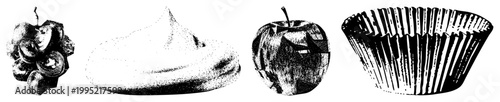 Dot matrix styled food graphics including berry cluster, whipped cream swirl,, baking cup ideal for packaging or menus. Also known as stipple art or ink dot renderings.