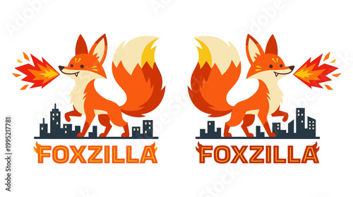 Fiery Foxzilla A Mythical Creature Symbolizing Power and Destruction with a Cityscape Background
