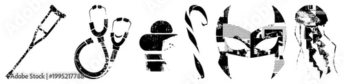 Distressed vector glyphs crutch, stethoscope, capsule, candy cane, mask, jellyfish medical, festive, marine items.