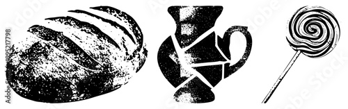 Retro style halftone illustrations featuring sourdough loaf, broken stoneware jug, and candy swirl also called stippled graphics, dot matrix, vintage food symbols.