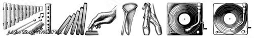 Retro engraved illustration of musical instruments and dance gear including xylophone, recorder, vinyl turntable, pointe shoes also called etched music or vintage dance tools.