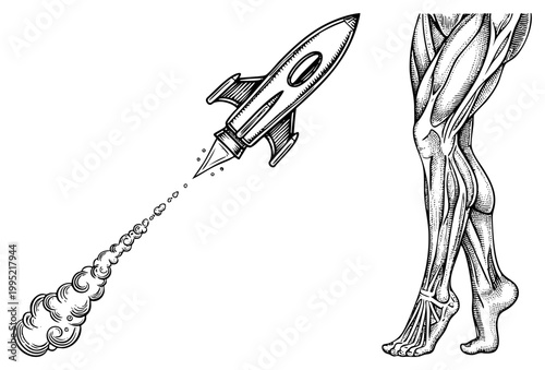 Retro sci fi ascending with exhaust plume, alongside detailed lower limb musculature diagram vintage engraving style, anatomical study, biomechanics reference.