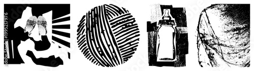 Stylized black and white graphic elements including halftone fingerprint, striped yarn skein, infant feeding bottle silhouette, and crumpled textile texture ideal for design assets or sets.