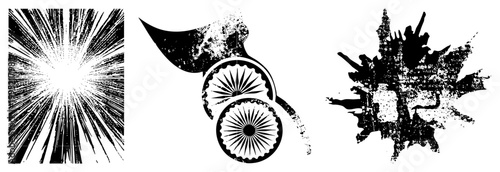 Distressed halftone explosion effects, weathered ink blot designs, distressed graphic elements, vintage texture, retro print aesthetics.