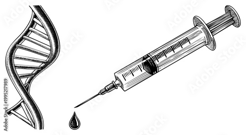 Hypodermic syringe injecting genetic material, gene vector delivery, biotech research tool, molecular medicine device, lab equipment graphic.