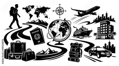 Black  White Travel  Tourism Silhouette Vector Icons  Elements Collection