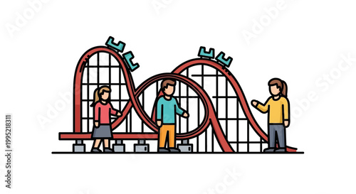 Excited People Waiting to Ride the Roller Coaster at Amusement Park.