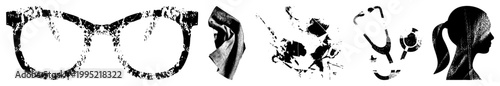 halftone vector illustrations including eyewear, fabric, abstract debris, medical stethoscope, and woman’s side profile. Glyph style cutouts ideal for UI design or print.
