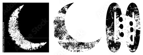 Weathered moon symbol and gaming dice, retro styled lunar and chance tokens, vintage halftone graphics for design projects.