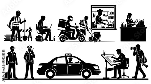Diverse Professions Silhouette Icons: Construction, Office, Delivery, Chef, Cashier, Taxi, Architect, Photographer