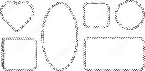 Rope frame border set isolated on white bg. Circle, square, oval and heart shape in sea sailor theme, nautical rope collection, flat vector illustration. Travel and marine loop and cord frames.