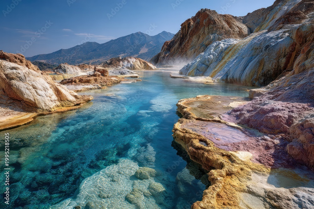 Fototapeta premium Vibrant Hot Springs Surrounding Scenic Mountain Landscape