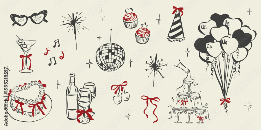 Obraz premium Birthday party set in hand drawn coquette style. Whimsical celebration sketch collection for girls bachelorette. Trendy art for invitation and banner for carnival. Doodle vector illustration