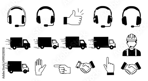 Set of safety and delivery icons with hand gestures and vehicles