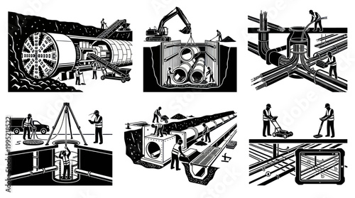 Civil Engineering  Utility Construction: Underground Pipeline  Tunneling Black  White Line Art