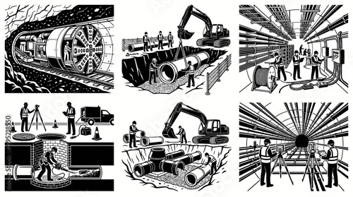 Tunnel Boring Machine, Construction, Excavation, Pipes, Engineering, Black  White Line Art
