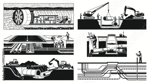 Civil Engineering Underground Infrastructure  Utility Construction Black  White Vector Art