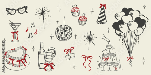 Birthday party set in hand drawn coquette style. Whimsical celebration sketch collection for girls bachelorette. Trendy art for invitation and banner for carnival. Doodle vector illustration