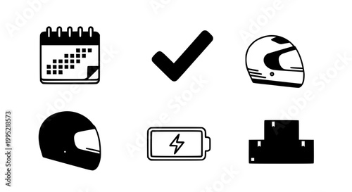Black and white icons set of motorcycle safety and planning