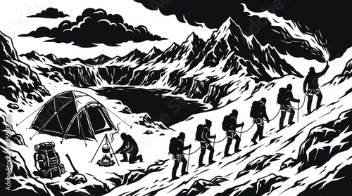 Black  White Line Art Vector: Mountaineering  Camping Expedition in Snowy Mountains