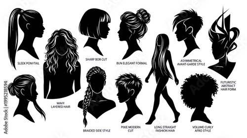 Beauty  Fashion Women's Hairstyles  Haircuts Silhouettes Vector Graphic Set
