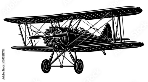 Vintage Biplane Airplane Line Art Illustration - Historic Aviation Aircraft Icon