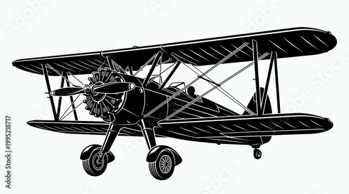 Vintage Biplane Aircraft Black and White Line Art Silhouette for Aviation