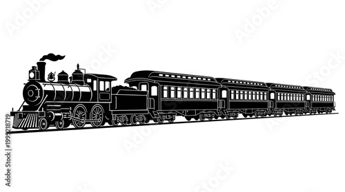 Vintage Steam Train and Passenger Cars Black and White Line Art