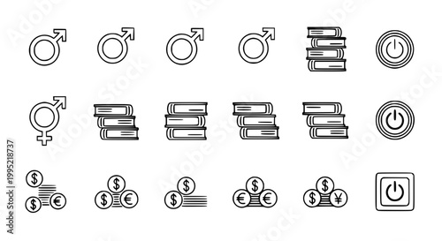 Gender and money icons with stackable coins and dollar signs