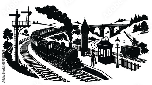 Vintage Train Illustration: Black and White Line Art of a Steam Locomotive at a Station