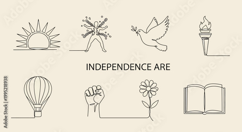 Freedom Symbols: Sunrise, Dove, Torch, Hot Air Balloon, Fist, Flower, Book, Human Figure